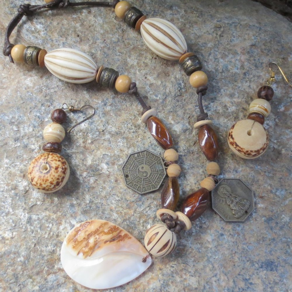 Handcrafted Necklace Pierced Earrings Set Earthy Asian Boho Shell Metal Leather